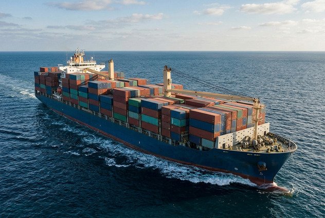 A container ship on the ocean with stacks of containers, representing global freight.
