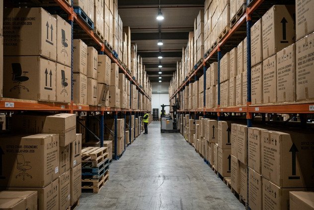 Warehouse aisles filled with boxes of office chairs, representing inventory holding costs.