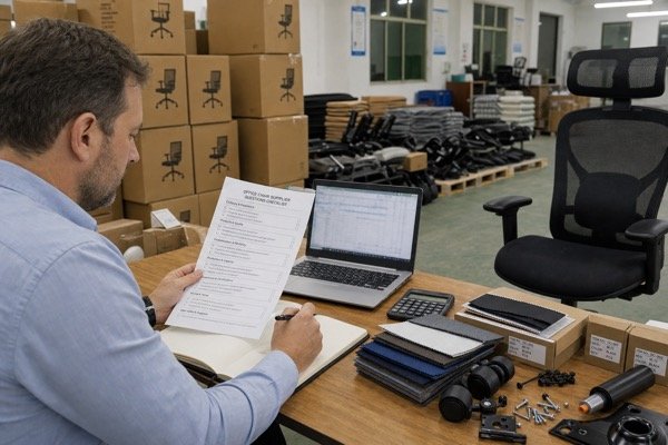 Buyer reviewing office chair supplier questions
