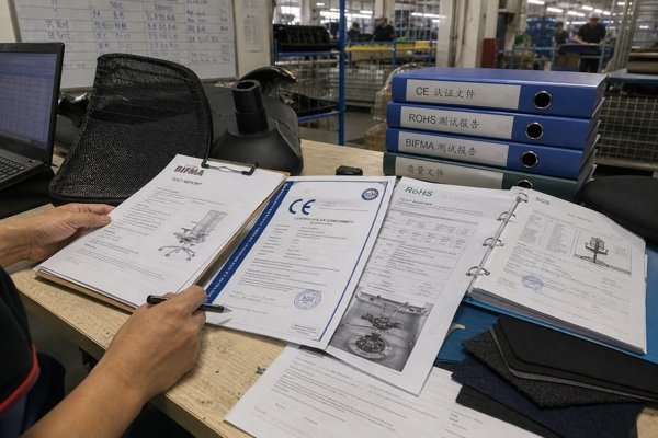 Office chair certification documents including CE RoHS and BIFMA reports