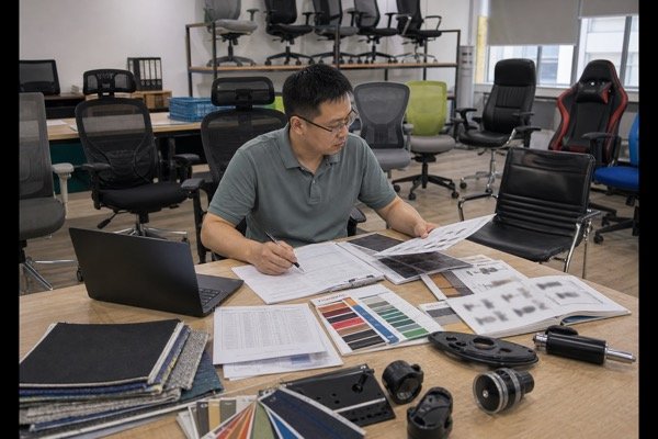 Office chair sourcing manager reviewing multiple chair styles