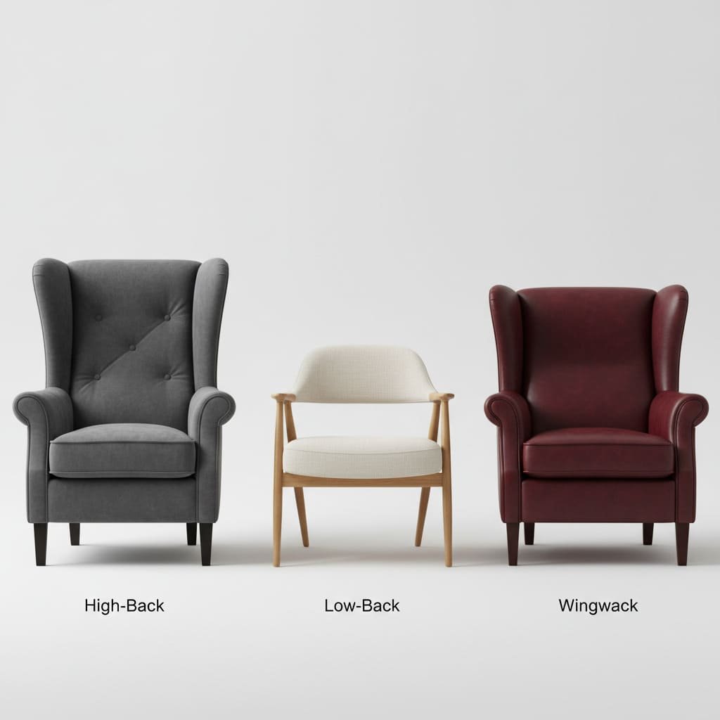 Side-by-side comparison of a high-back, low-back, and wingback armchair