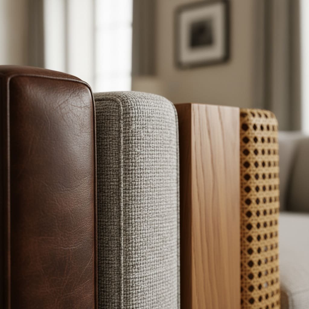A close-up shot showing textures of different armchair materials like leather, fabric, and wood