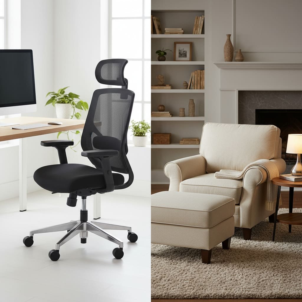 An office armchair next to a desk and a comfortable armchair in a living room setting