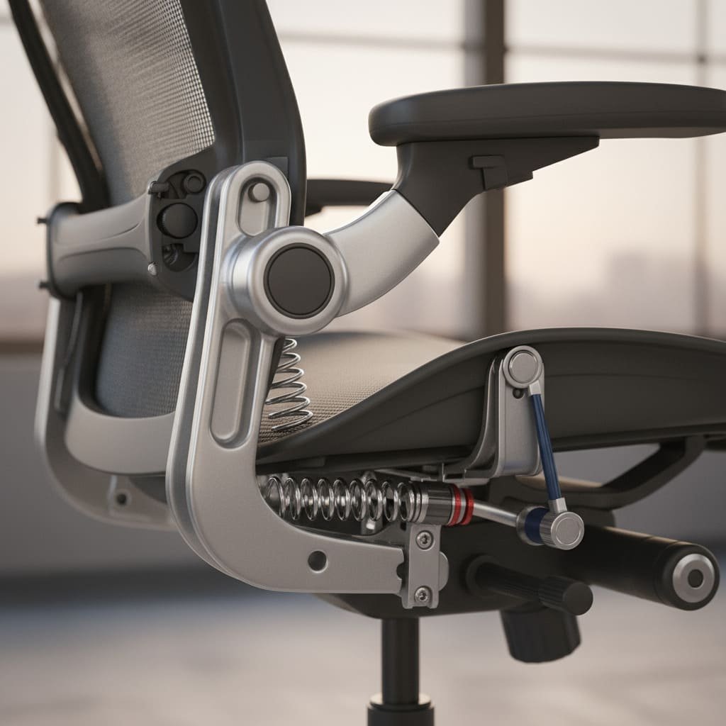 Close-up of a high-end ergonomic chair mechanism