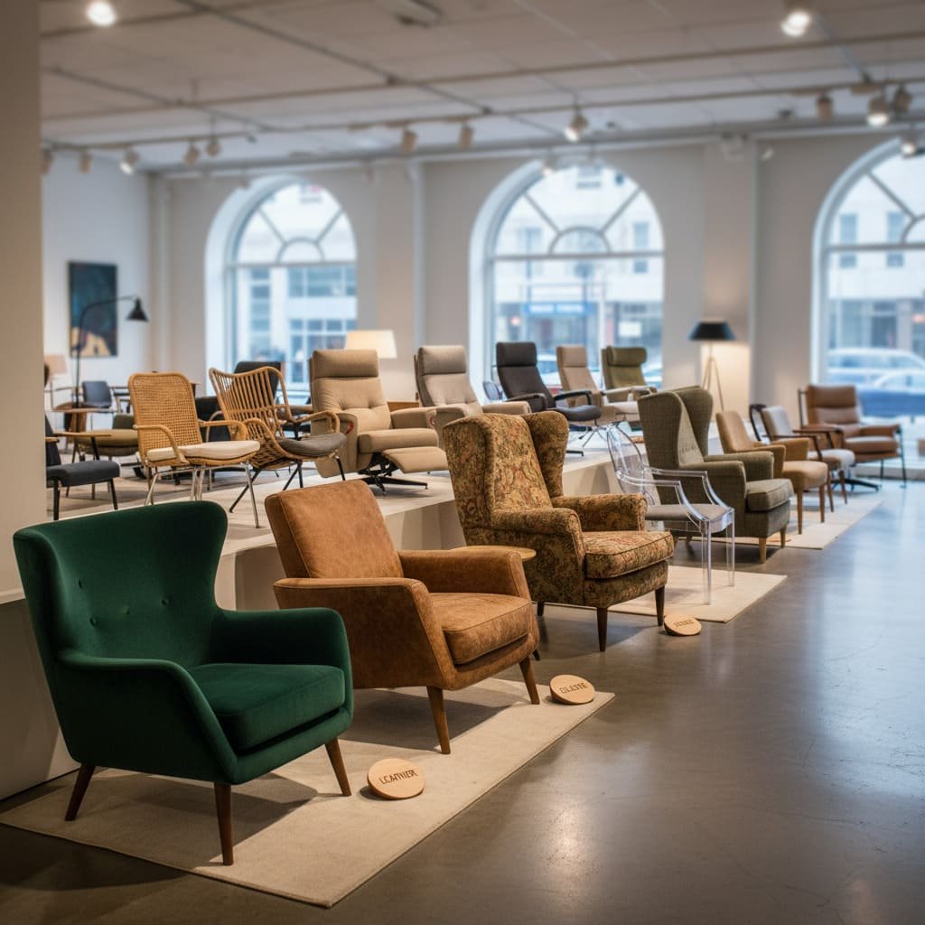 A collection of different types of armchairs in a showroom