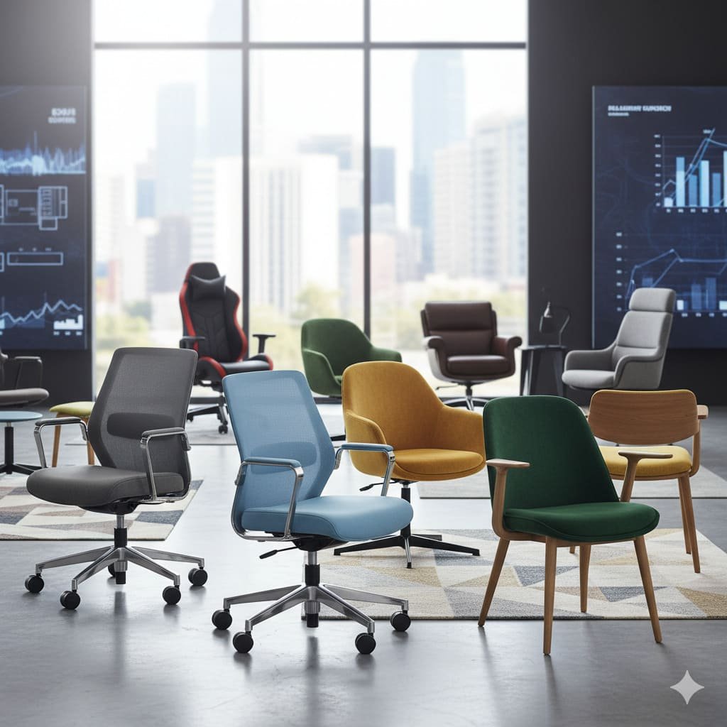 a variety of office chairs with different styles and colors