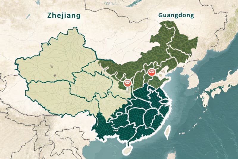 Map of China highlighting the Zhejiang and Guangdong provinces