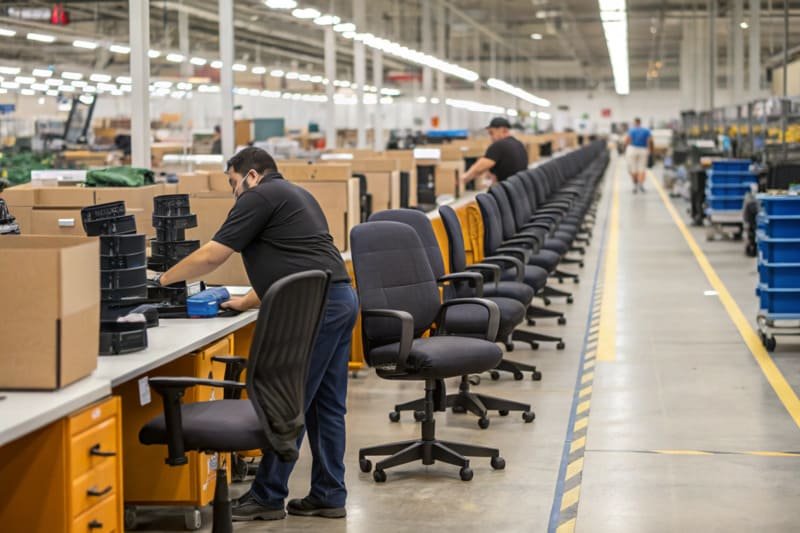 A busy factory floor showing office chairs being assembled