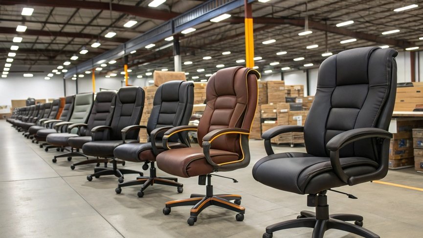 An array of big and tall office chairs in a warehouse setting.