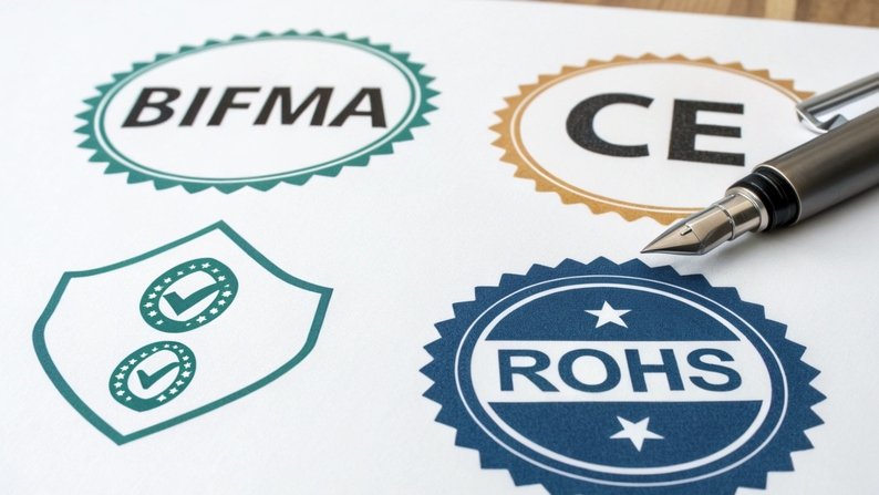 BIFMA, CE, and RoHS certification logos.