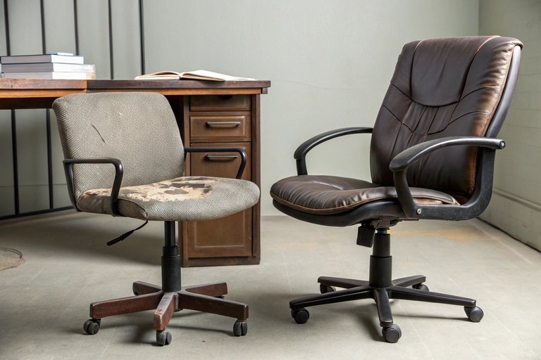 A broken standard office chair next to a sturdy big and tall chair.