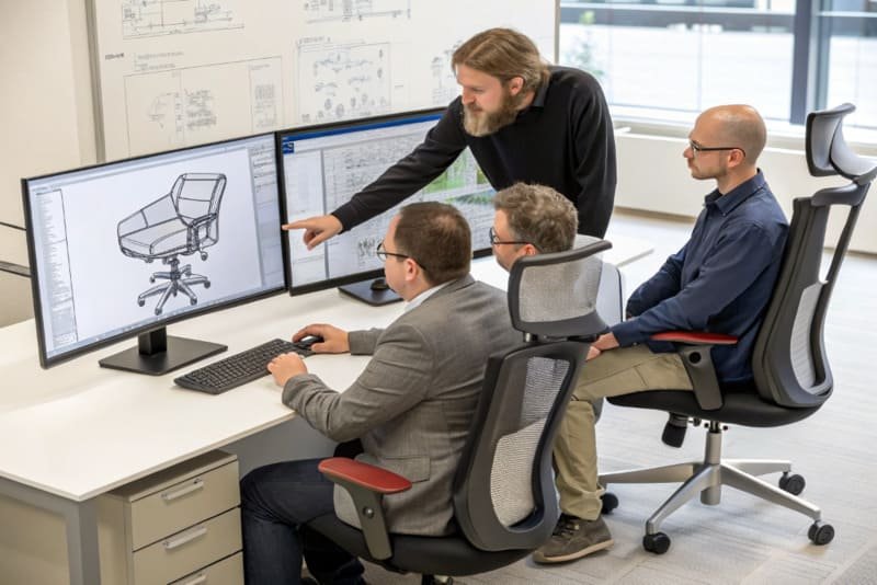 Engineers collaborating over a 3D model of an office chair